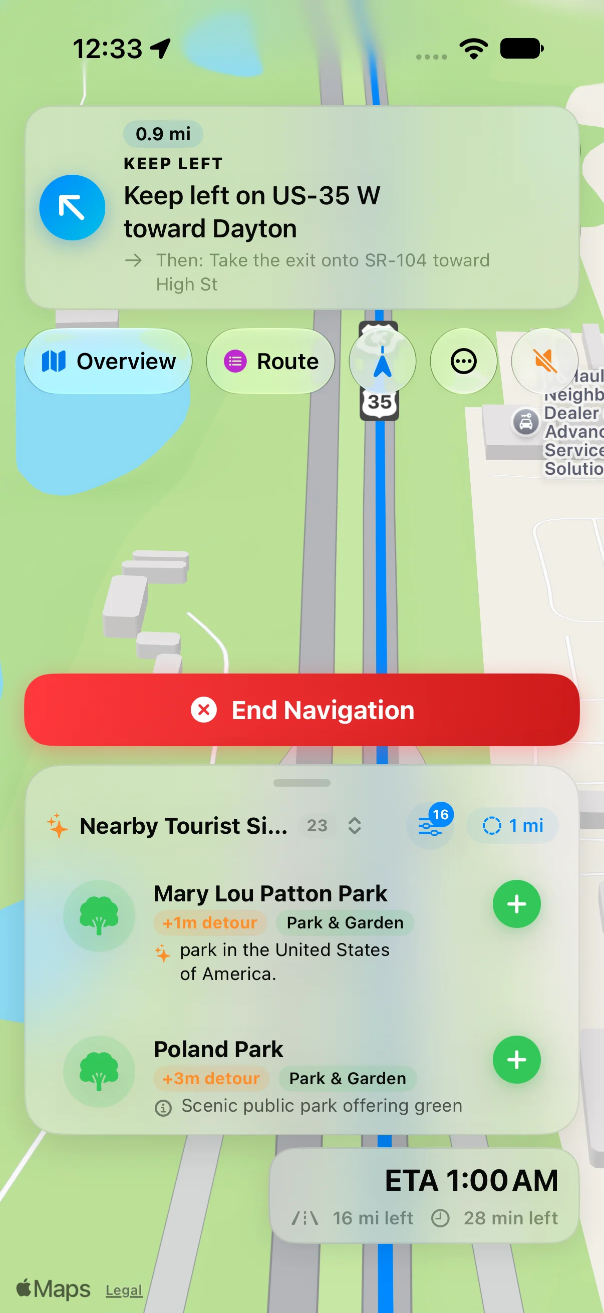Detour navigation screen