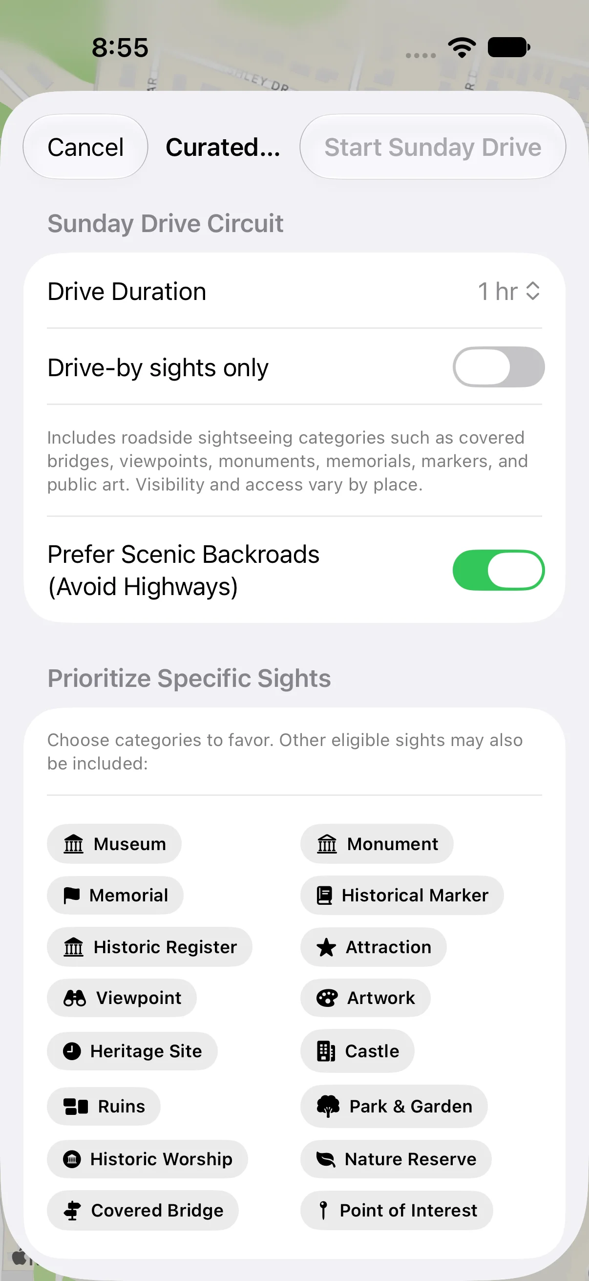 Byway Sunday drive builder screen