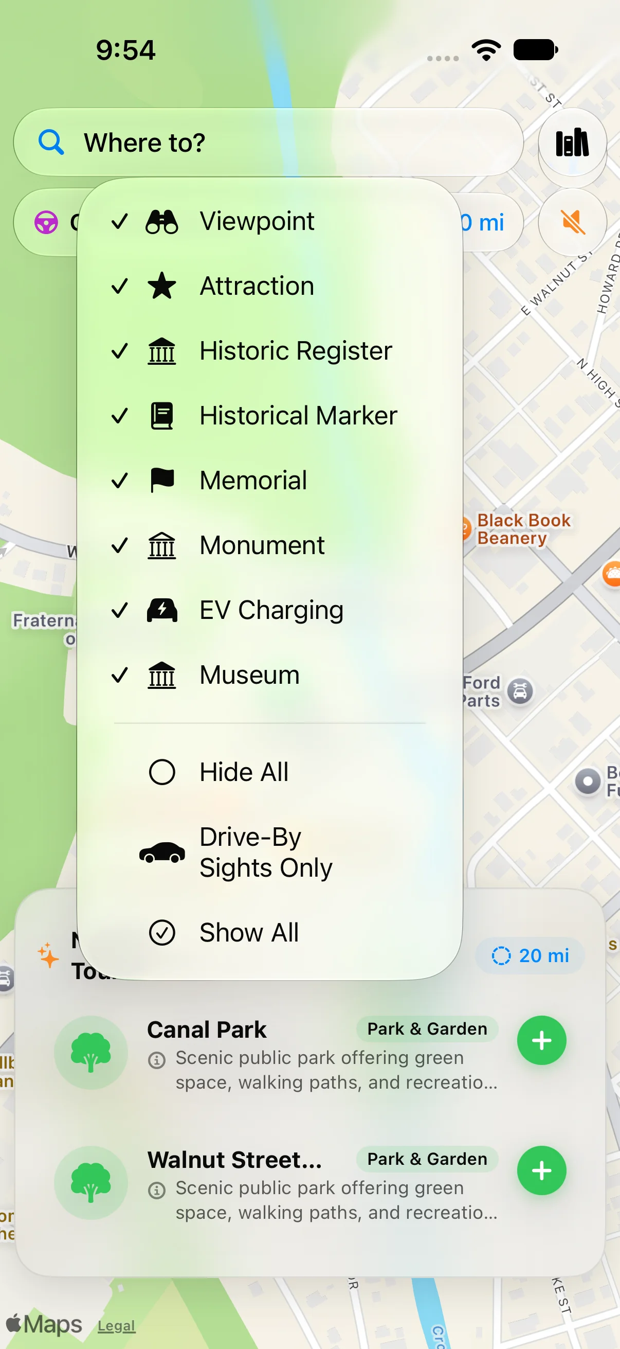 Category filter menu with Show All and Drive-By options
