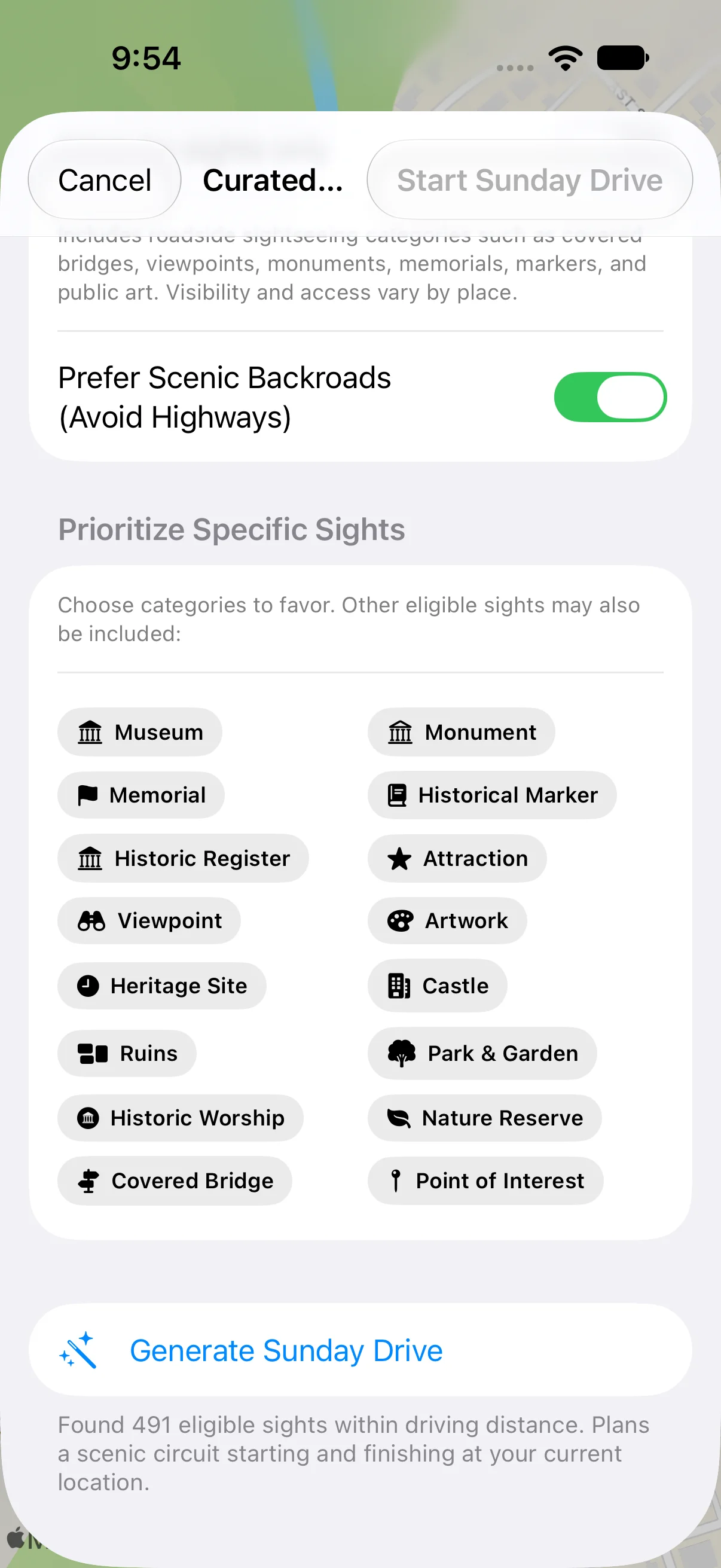 All 16 sightseeing categories available for filtering and route building